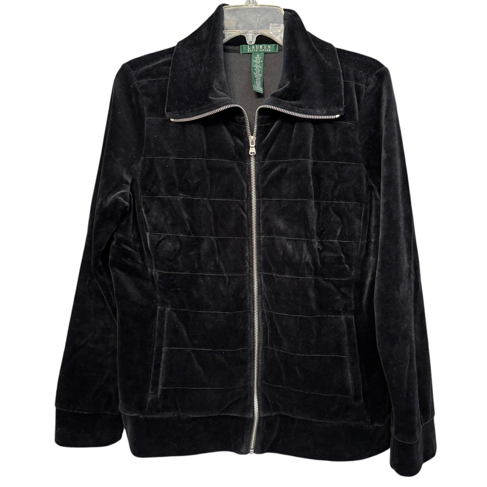 Lauren Ralph Lauren Black Velour Jacket Women’s M Zip Front Collared - Picture 1 of 5